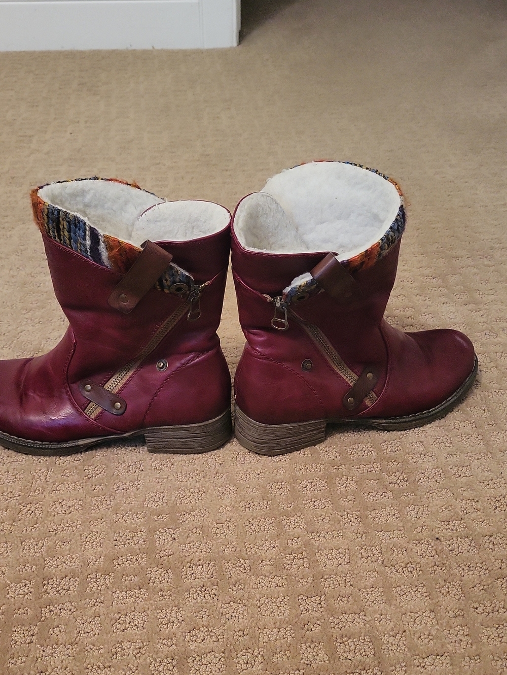 Rieker Burgundy Ankle Boots with Multicolor Knit Cuff